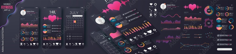 Poster Different UI, UX, GUI screens fitness app and flat web icons for mobile apps, responsive website including. Web design and mobile template. Fitness Dashboard - stock vector