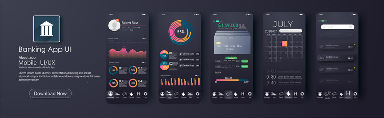 Design of the mobile app UI, UX. A set of GUI screens for mobile banking , home page, payment information, ratings and statistics, settings, payment screens and bank cards - obrazy, fototapety, plakaty