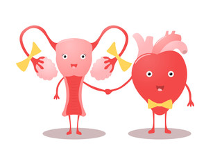 Funny characters - the female uterus in the form of a girl and the heart in the form of a boy hold hands. Vector illustration.