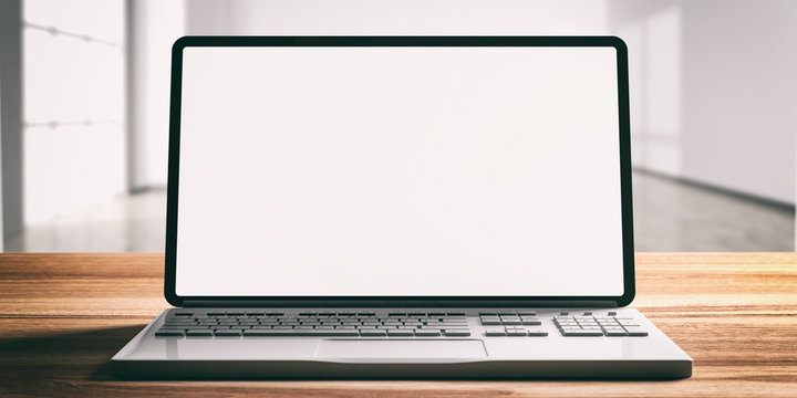 Laptop with blank screen, on a wooden desk, blur empty office background, 3d illustration