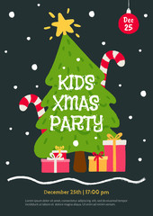 Kids Christmas Party invitation template. Flat cartoon illustration with christmas tree, gifts and falling snow. Flyer for children's event in hand drawn style. Winter holidays card design.