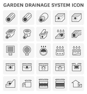 Garden drainage system or french drain vector icon consist of sewer pipe, infiltration basin, catch basin, gutter. To install at underground for rainwater, stormwater and wastewater to flow, runoff.