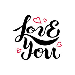 Love You text isolated on background. Handwritten lettering Love You as logo, badge, icon, patch, sticker. Template for St. Valentine's Day, invitation, party, greeting card, web, wedding.
