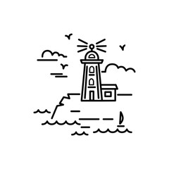 Lighthouse logo design. Line style vector illustration. Template with seaside and lighthouse. Travel concept.