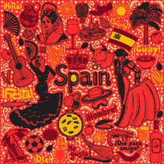 Dark Set of Symbols of Spain in Hand-Drawn Style
