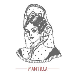 Girl in Mantilla and with Peineta in Hand Drawn Style
