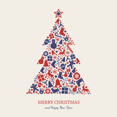 Concept of Christmas card with tree and wishes. Vector.