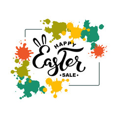 Happy Easter Sale text on background with splashes. Handwritten lettering Easter as logo, badge, icon. Template for Happy Easter Day, invitation, greeting card, web.
