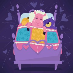 Animals sleeping in bed fairytale pets asleep set vector.