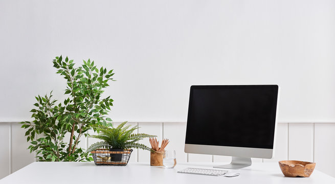 Computer and desktop on the table. vase of plant background. white wall.