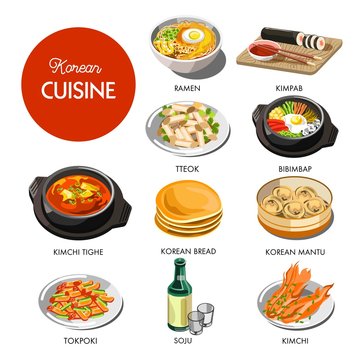 Korean cuisine traditional dishes flat icons.