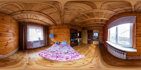 Interior of a bedroom in a wooden house of beams, spherical 360Vr panorama