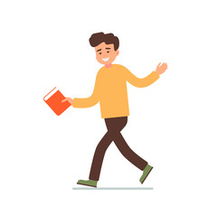 Happy young man goes with a book in his hands anywhere and invites to go together. Vector character for an educational project