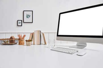 Decorative office room computer screen close up frame book and pencil style.