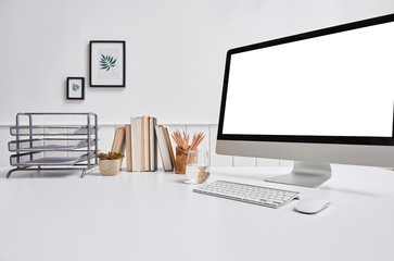 Modern office table close up desktop and folder style with book pencil and frame.