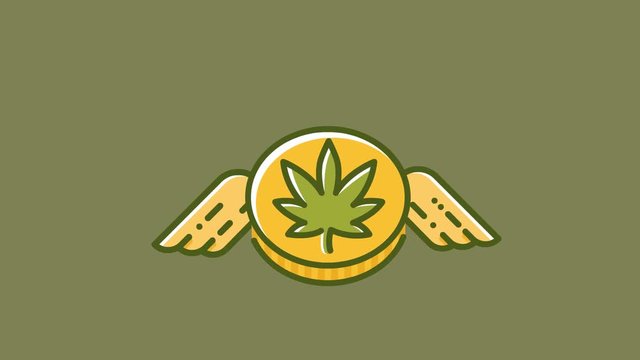 Animation of flying cannabis coin. Flat design HD animation with green screen