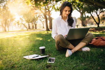 Freelancer working on laptop on green lawn in park - obrazy, fototapety, plakaty