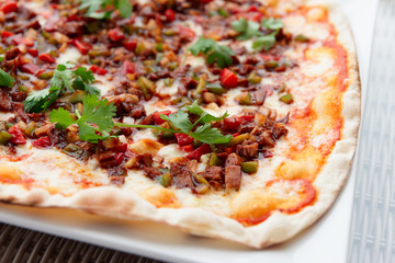 Pizza with duck meat and barbecue sauce