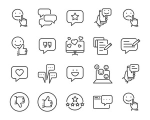 set of feedback line icons, such as, question, review, test, app, emoji, survey