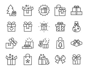 set of gift box line icons, christmas and happy new year gift