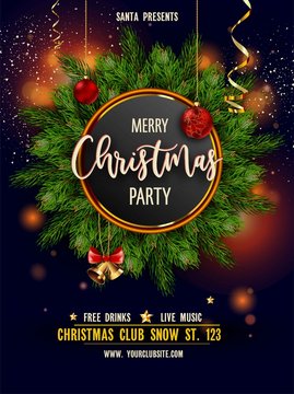 Merry Christmas party invitation poster with main information vector.