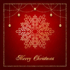 Illustration of christmas greeting card or invitation with decorative snowflake, golden beads and confetti on red background