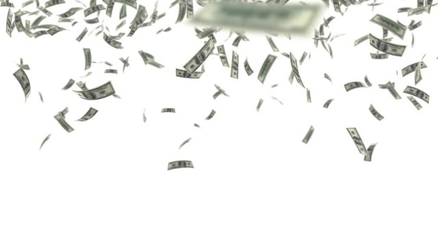 One hundred dollar bills falling on white background 