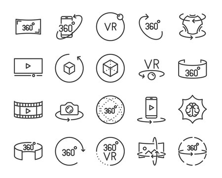 set of vr line icons ,such as 360 degree, virtual, reality, game