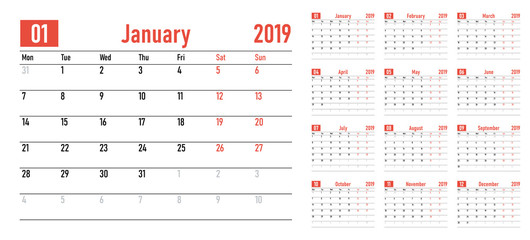 Calendar planner 2019 template vector illustration all 12 months week starts on Monday and indicate weekends on Saturday and Sunday