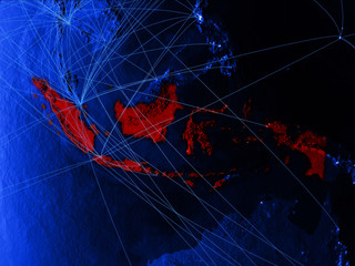 Indonesia on blue digital map with networks. Concept of international travel, communication and technology.
