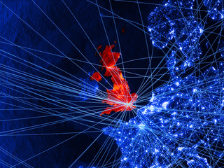 United Kingdom on blue digital map with networks. Concept of international travel, communication and technology.