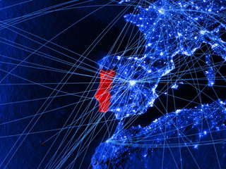 Portugal on blue digital map with networks. Concept of international travel, communication and technology.