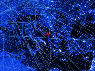 Montenegro on blue digital map with networks. Concept of international travel, communication and technology.