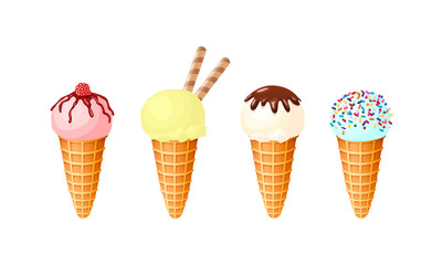 Vector set of isolated ice creams with different flavors and decoration. 