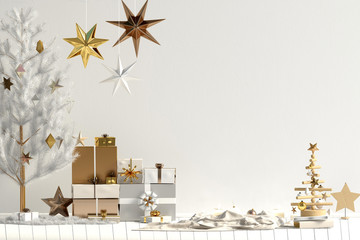 Modern Christmas interior, Scandinavian style. Wall mock up. 3D illustration