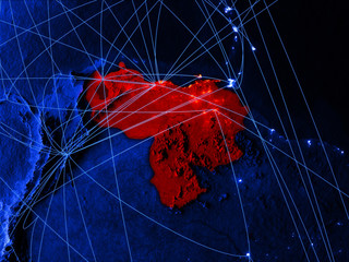 Venezuela on blue digital map with networks. Concept of international travel, communication and technology.