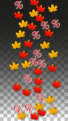 Vector Percentage Sign and Autumn Leaves Confetti on Transparent Background. Percent Sale Background. Business, Economics, Finance Print. Discount Illustration. Promotion poster. Black Friday Banner. 