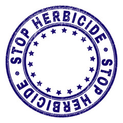 STOP HERBICIDE stamp seal imprint with grunge effect. Designed with round shapes and stars. Blue vector rubber print of STOP HERBICIDE text with grunge texture.