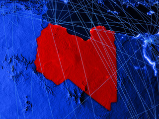 Libya on blue digital map with networks. Concept of international travel, communication and technology.