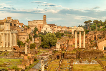 Aerial scenic view of Roman Forum and Colosseum in Rome , Italy. Rome architecture and landmark.