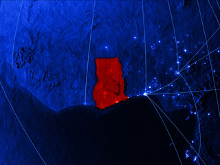 Ghana on blue digital map with networks. Concept of international travel, communication and technology.