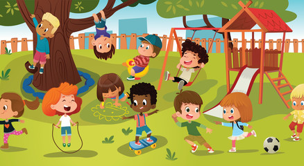 Group of kids playing game on a public park or school playground with with swings, slides, skate, ball, crayons, rope, playing catch-up game. Happy childhood. Modern vector illustration. Clipart.