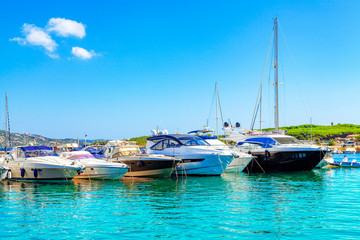 Obraz premium Yachts in the port of Palau province of Sassari in the Italian region Sardinia, Italy.