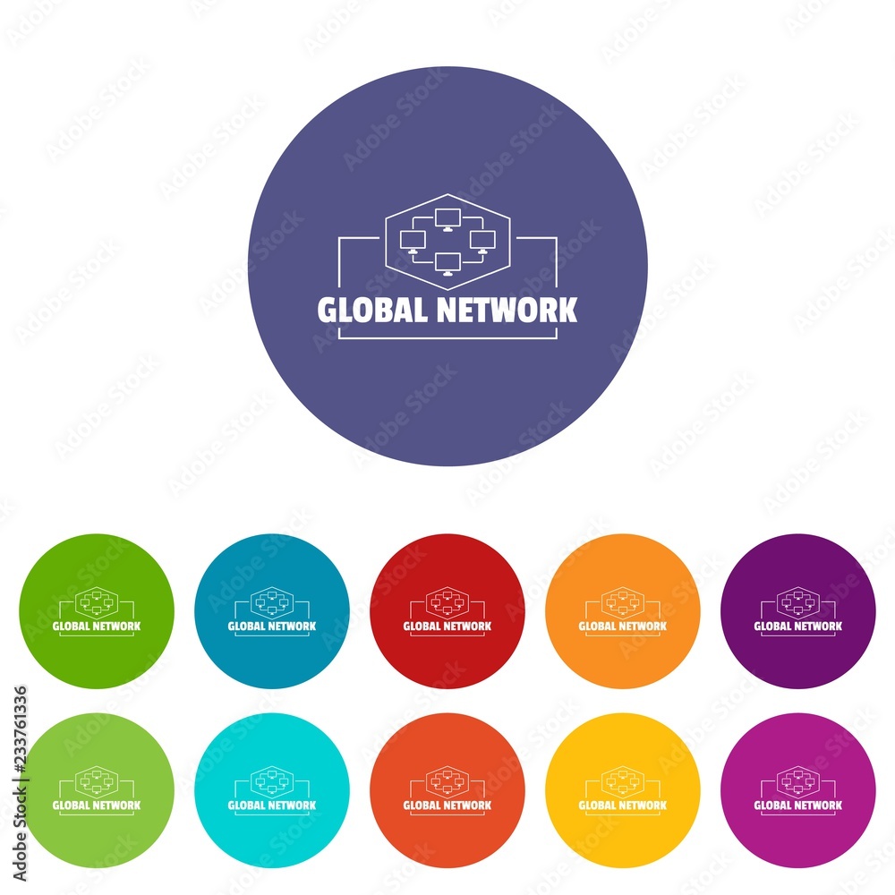 Poster global network icons color set vector for any web design on white background