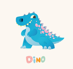 Cute Blue Cartoon Baby Dino. Bright Colorful dinosaur. Childrens illustration. Isolated. Vector