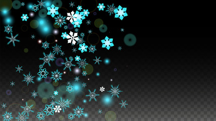 Christmas  Vector Background with Blue Falling Snowflakes Isolated on Transparent Background. Realistic Snow Sparkle Pattern. Snowfall Overlay Print. Winter Sky. Design for Party Invitation.