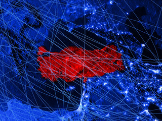 Turkey on blue digital map with networks. Concept of international travel, communication and technology.