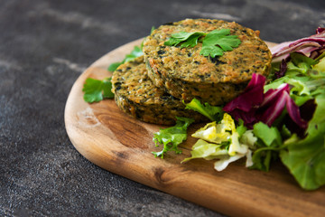 Vegetarian food Wheat Gluten Steaks with spinach