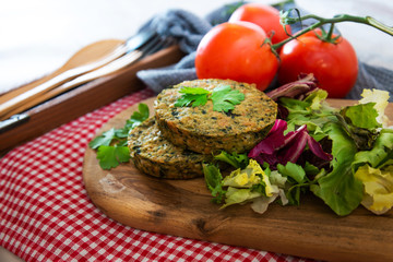 Vegetarian food Wheat Gluten Steaks with spinach