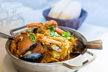 closeup mix seafood soup pot